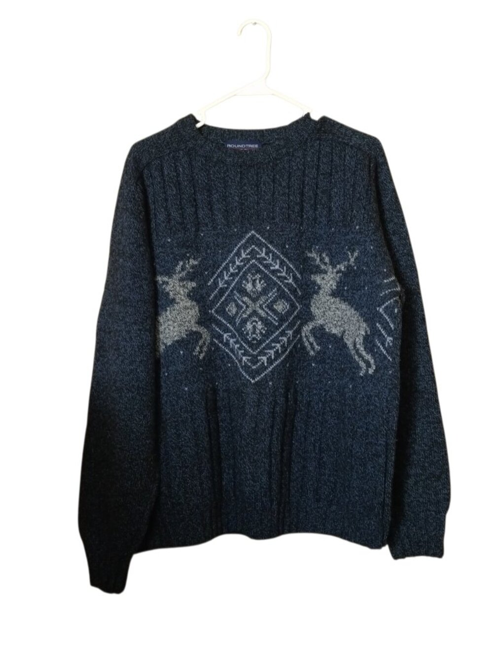 Roundtree & Yorke Sweater Men's Large Wool Blend Fair Isle Deer Sweater Blue